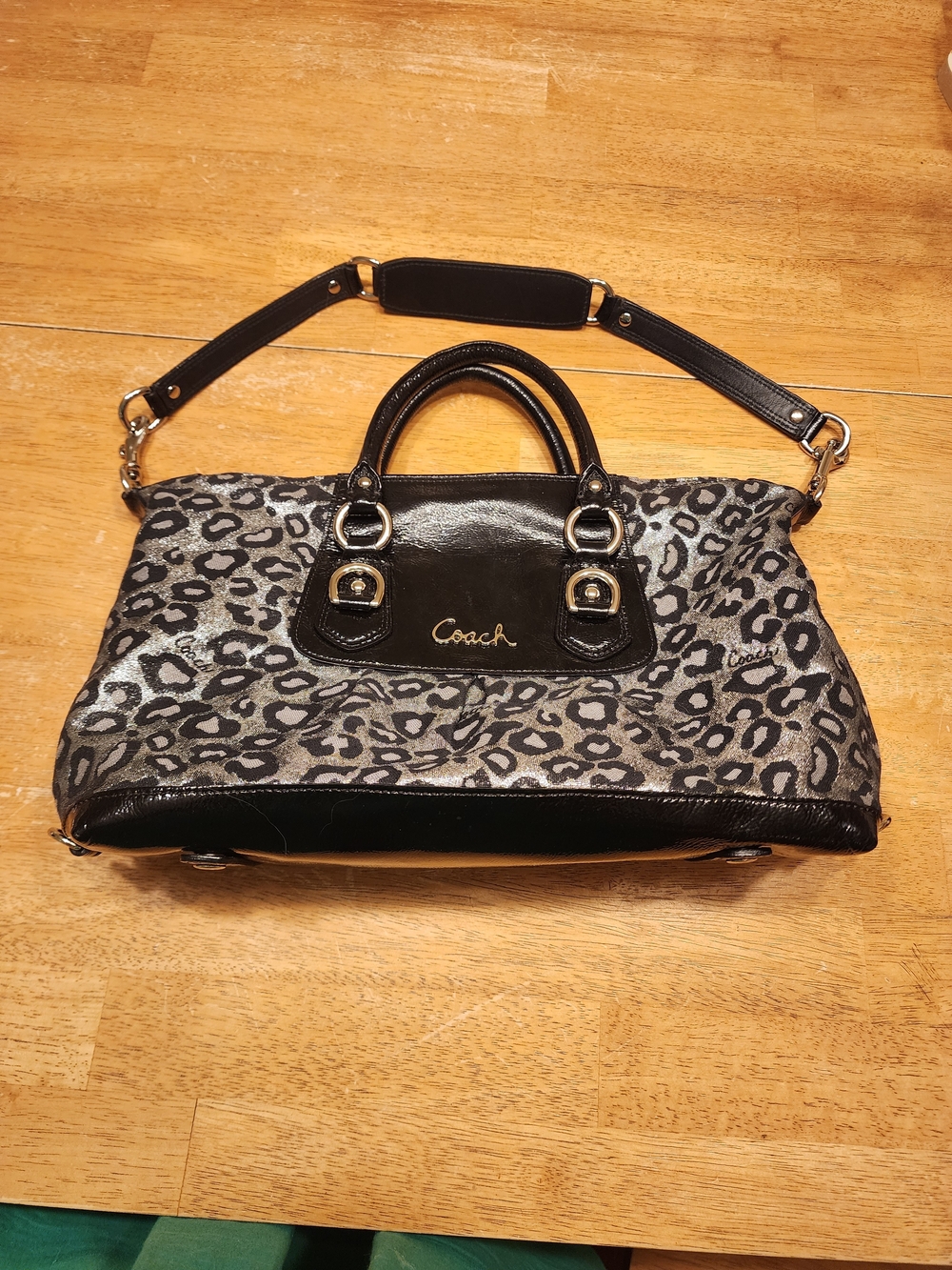 Coach Ashley Metallic Silver and Black Ocelot Leopard Print Lurex Satchel